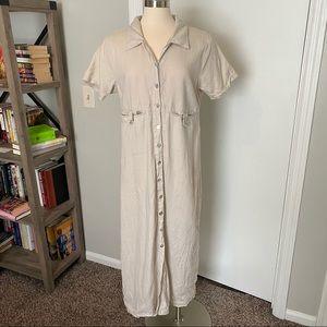 Vintage Bridgewater Beige 100% Linen Pocket Shell Buttons Maxi Dress